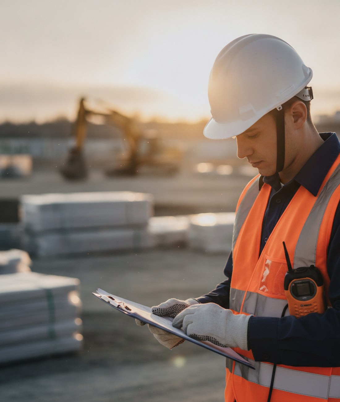 A professional environmental consultant in protective gear reviewing a site plan